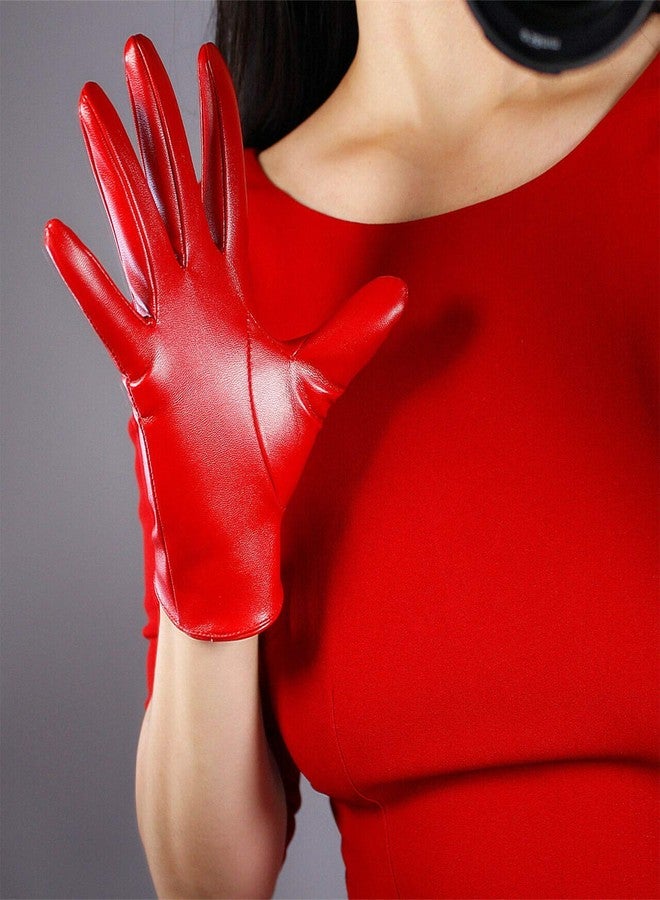 DooWay Women's Faux Leather Gloves Wrist Short 8" Hot Red Stretchy Unlined PU Finger Gloves for Wedding Evening Special Party - Image 4